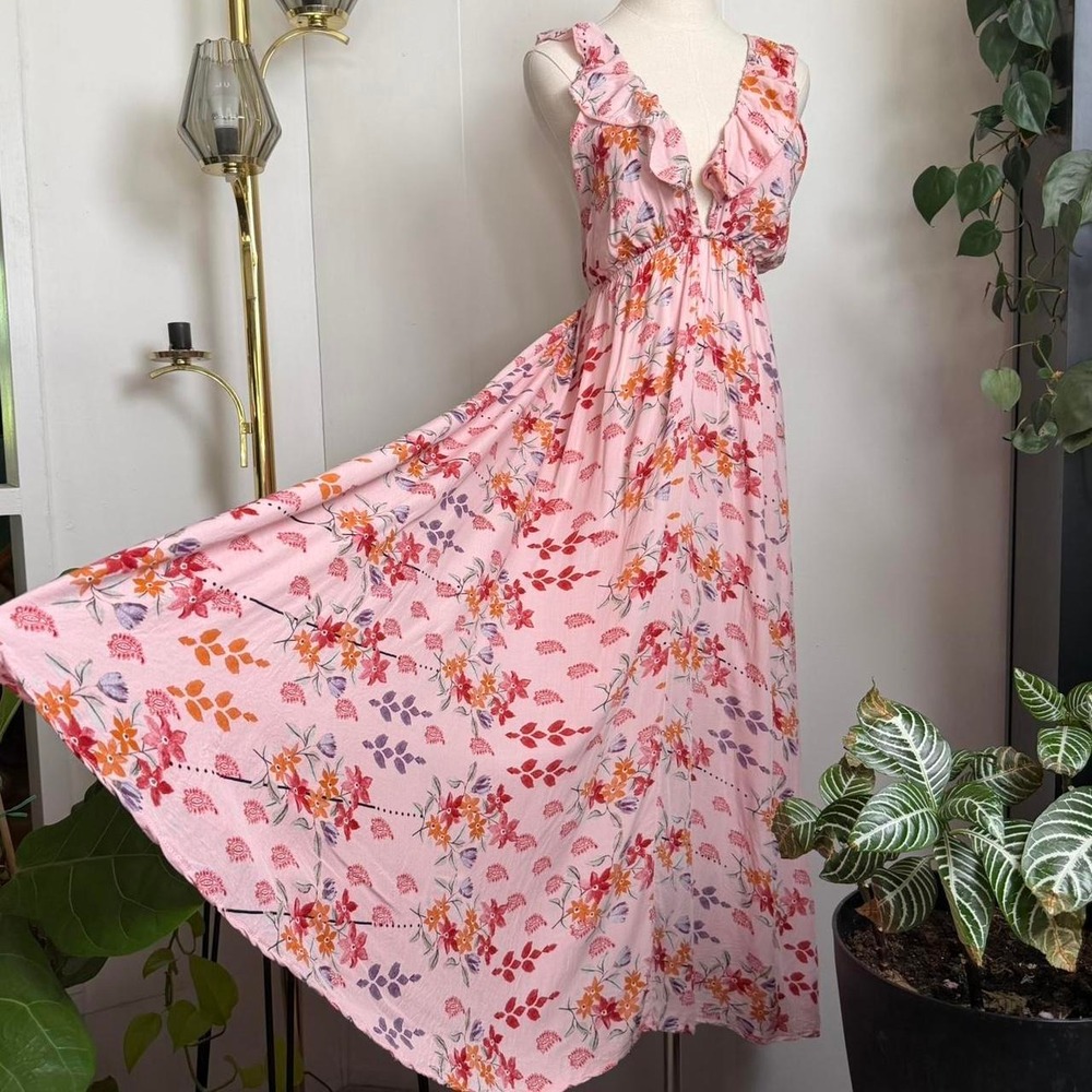 JAASE Pink Floral Ruffle Maxi Dress Low Back Boho Medium